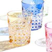 Kagami Crystal - Whiskey Glass, Edo Kiriko “Drape & Tetragonal Basket Weave” - Yellow