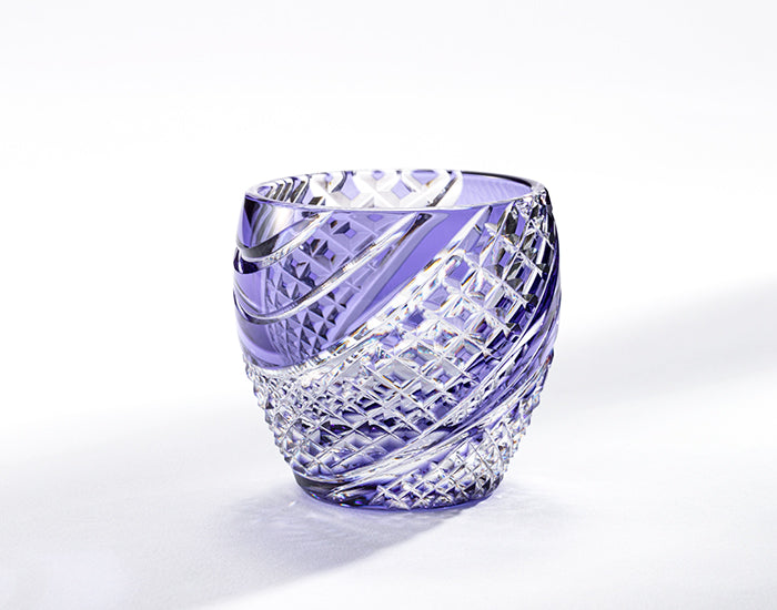 Kagami Crystal - Sake Glass, Edo Kiriko "Fish scales strip" Purple