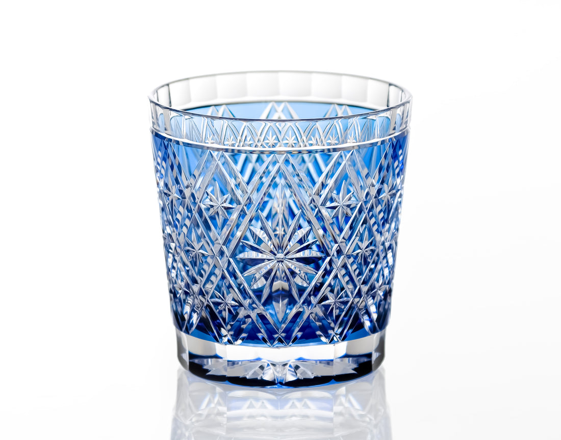Kagami Crystal - Whiskey Glass, Edo Kiriko “Hishibana” Blue By Hideaki Shinozaki, Master of traditional crafts
