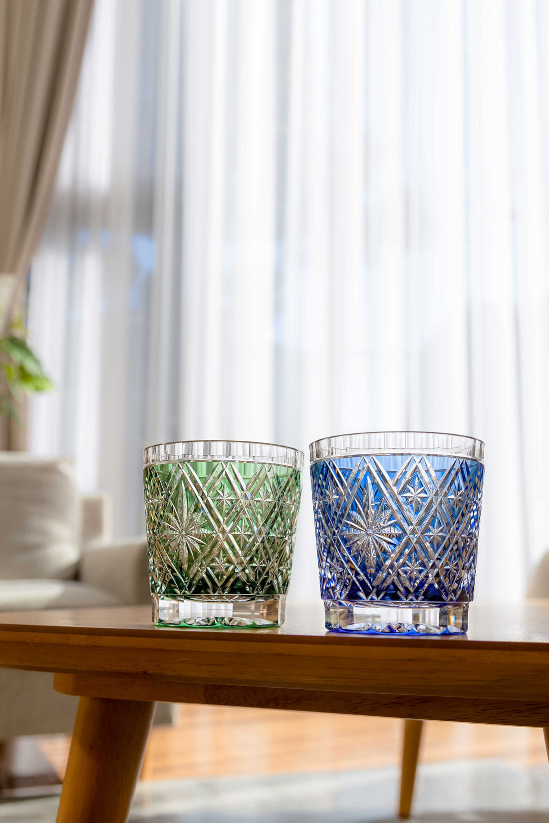 Kagami Crystal - Whiskey Glass, Edo Kiriko “Hishibana” Blue By Hideaki Shinozaki, Master of traditional crafts