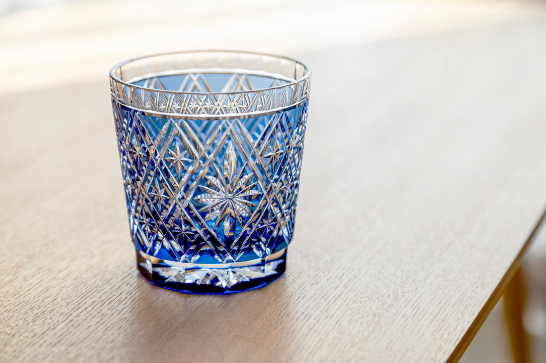 Kagami Crystal - Whiskey Glass, Edo Kiriko “Hishibana” Blue By Hideaki Shinozaki, Master of traditional crafts