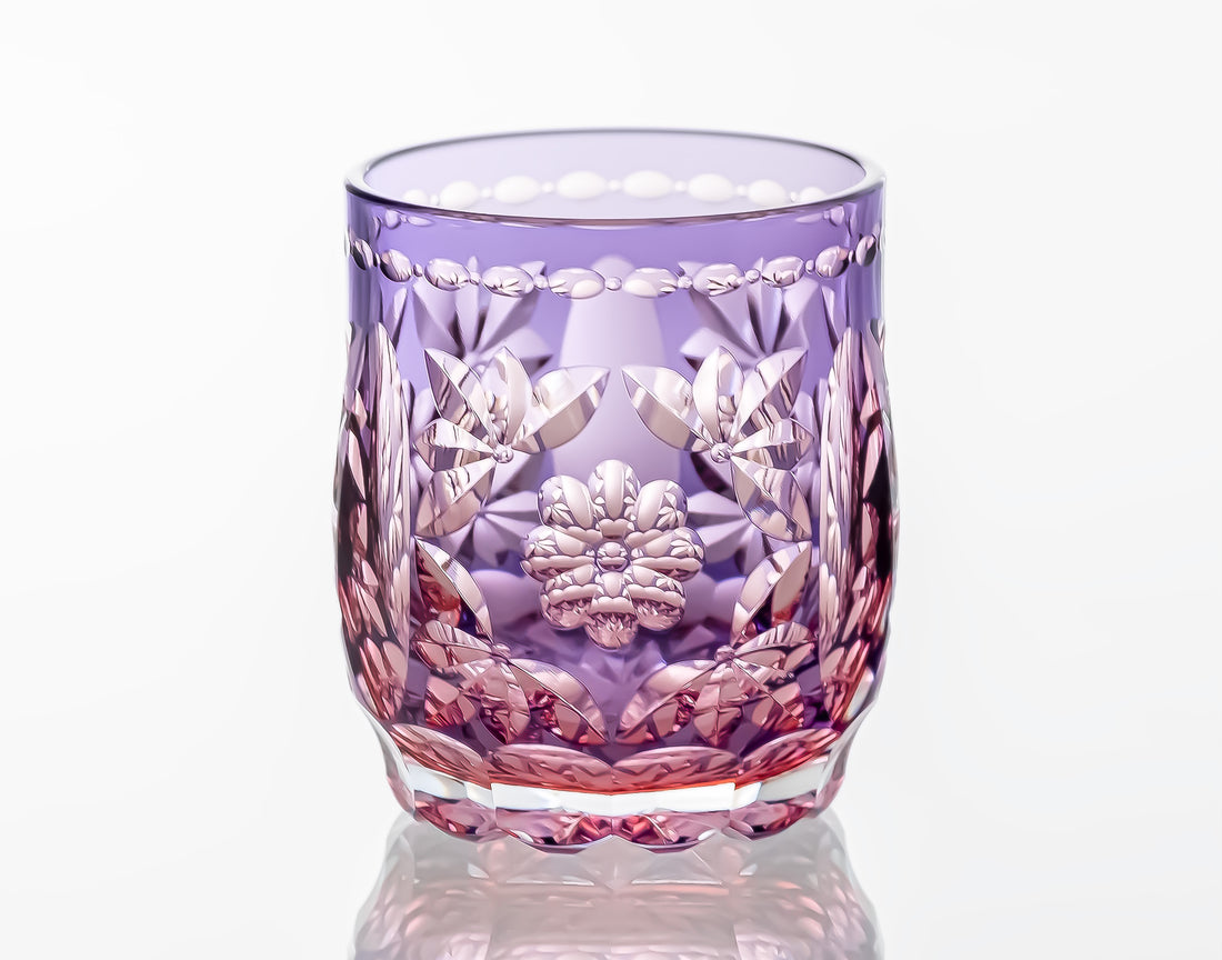Kagami Crystal - Whiskey Glass, Edo Kiriko Kasaneirome “Hana Temari” By Hideaki Shinozaki, Master of traditional crafts