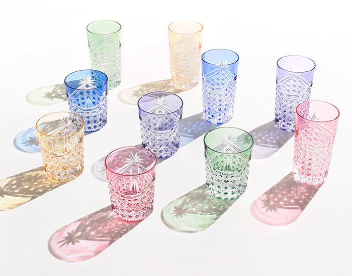 Kagami Crystal Set of 5 Tumblers Edo Kiriko “Drape & Tetragonal Basket Weave”