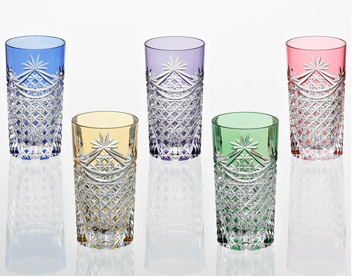 Kagami Crystal Set of 5 Tumblers Edo Kiriko “Drape & Tetragonal Basket Weave”