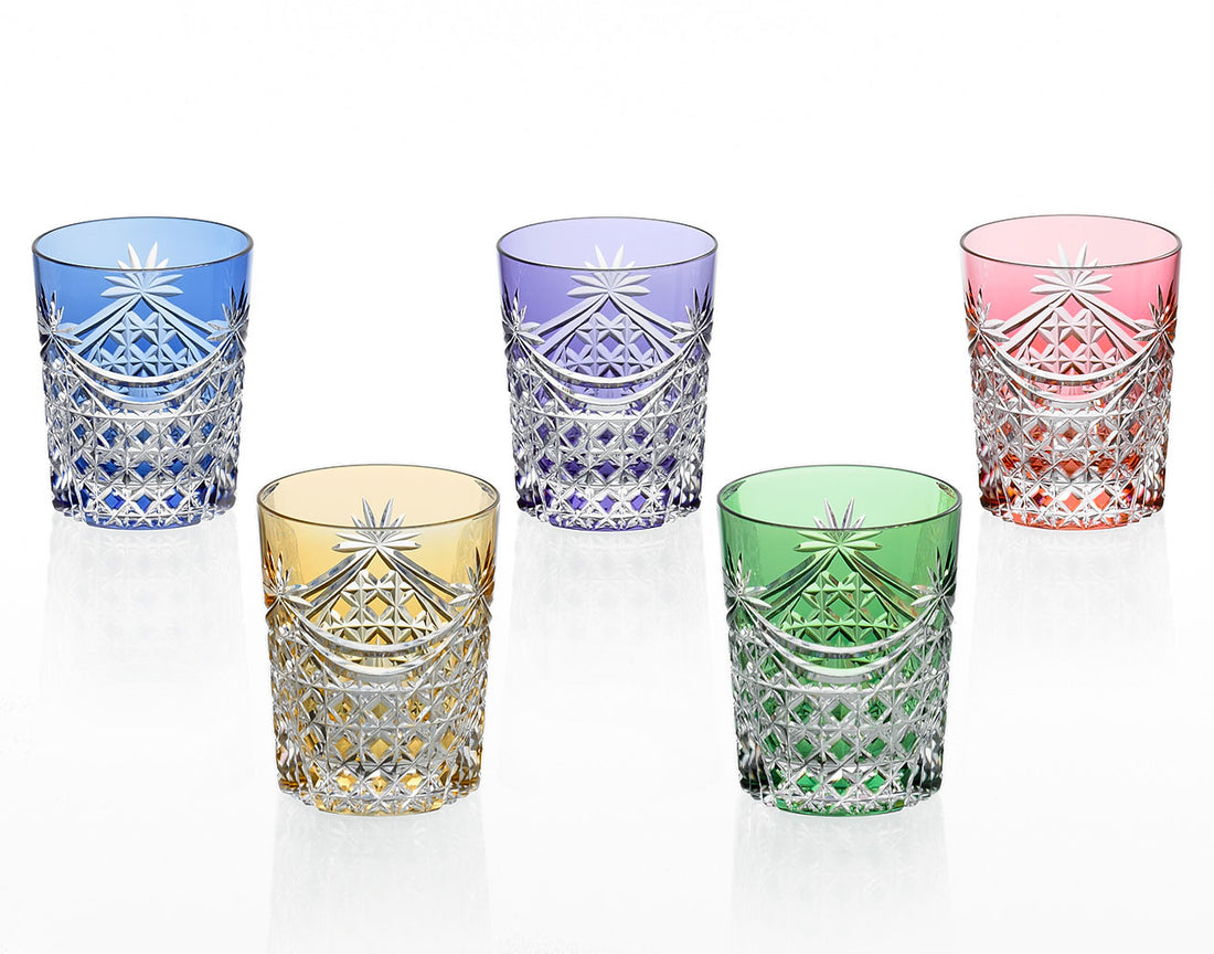Kagami Crystal - Whiskey Glass, Edo Kiriko Set of 5 Whiskey Glasses “Drape & Tetragonal Basket Weave”