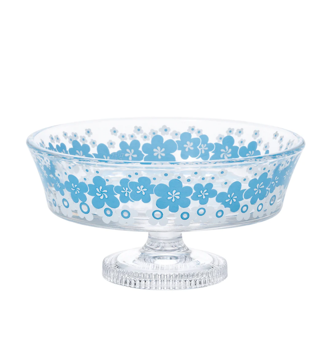 Aderai Glass Retro Pedestal Shallow Dessert Bowl - Blue Flower