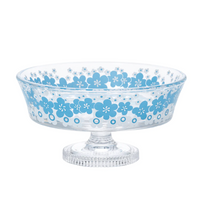 Aderai Glass Retro Pedestal Shallow Dessert Bowl - Blue Flower