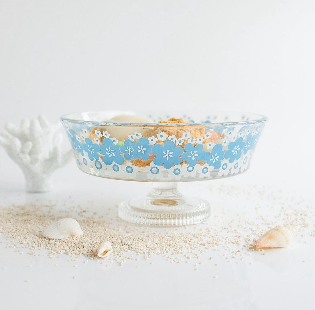 Aderai Glass Retro Pedestal Shallow Dessert Bowl - Blue Flower
