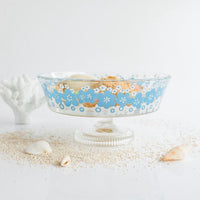 Aderai Glass Retro Pedestal Shallow Dessert Bowl - Blue Flower