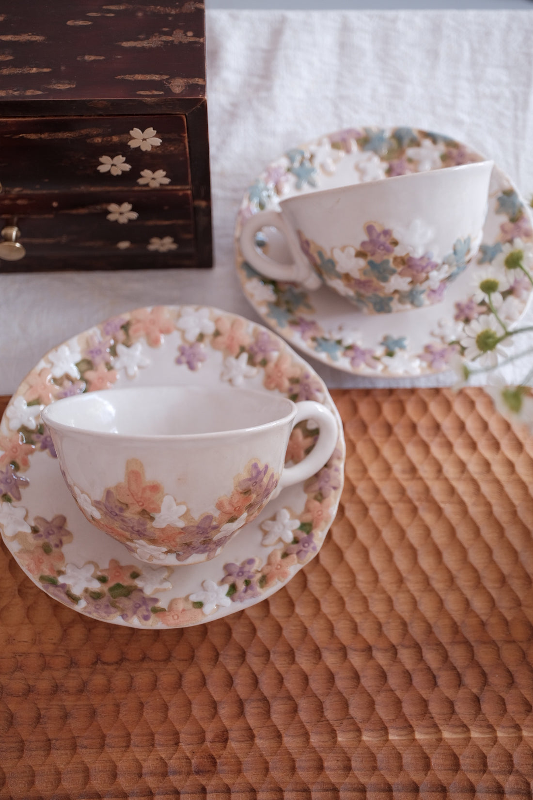 Seto-Yaki Embossed Flower Coffee Mug & Saucer Gift Set