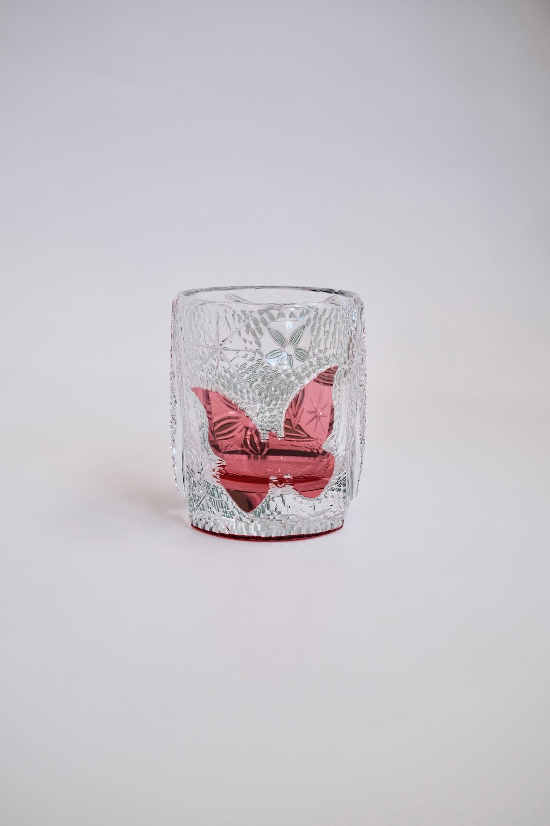 Edo Kiriko Whisky Glass Rock Glass "Buttfly with Flower" Green/Red by Junichi Nabetani, Master of traditional crafts