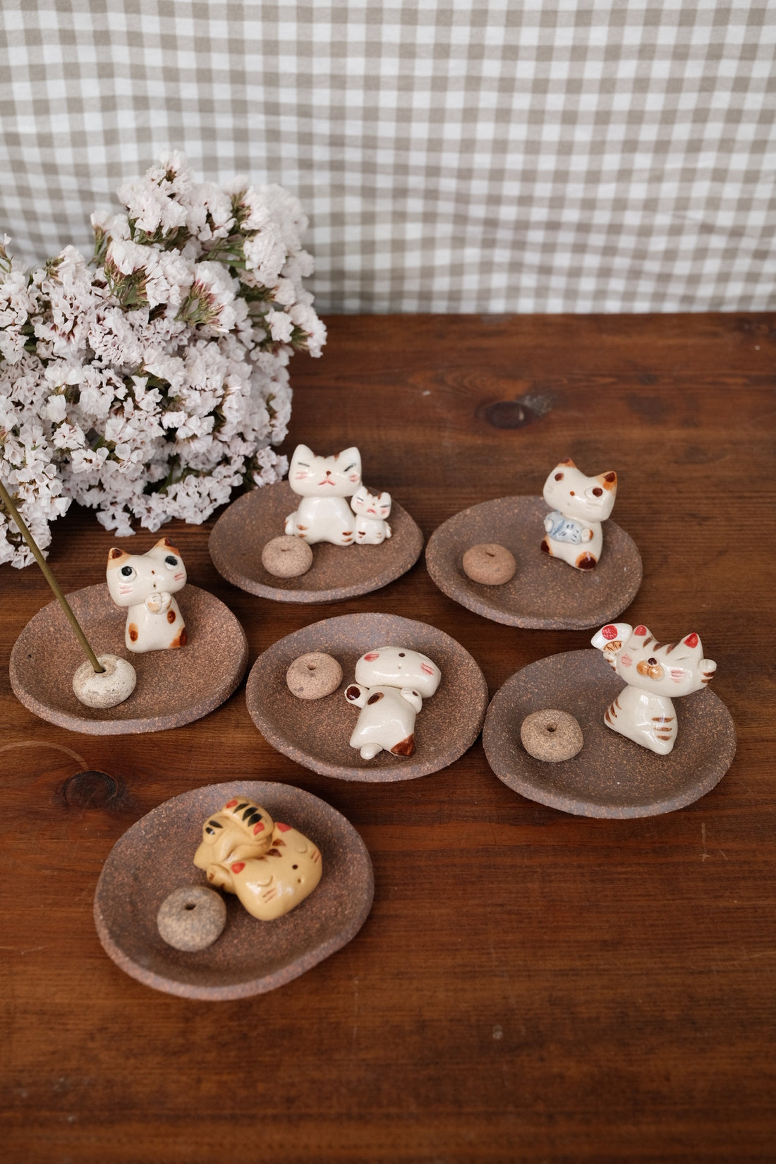 Japanese Clay Animals Incense Holder - Cat Collection