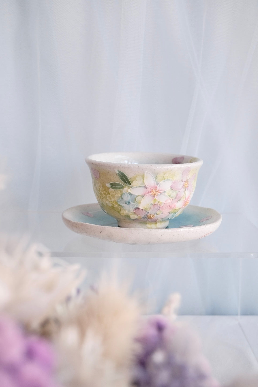 Seto Ware Flower Tea cup with Saucer - Green