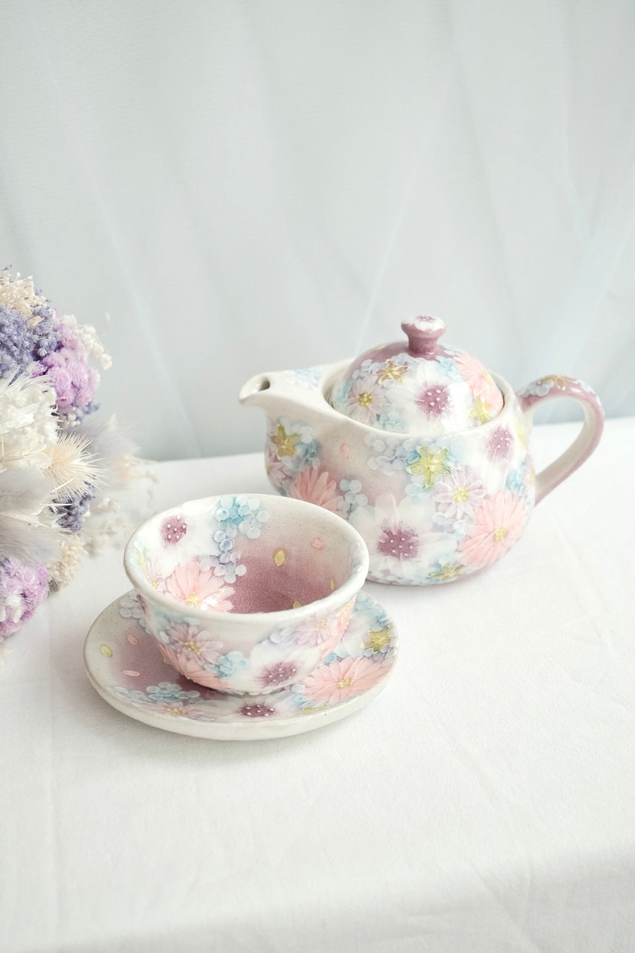 Seto Ware Flower Teapot and Tea cup with Saucer - Purple