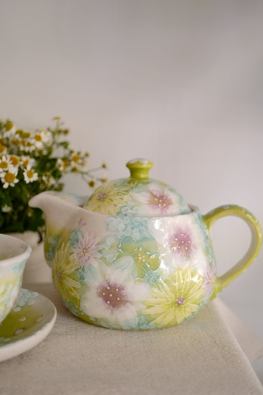 Seto Ware Flower Teapot and Tea cup with Saucer - Green