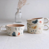 Buncho Pottery Bird and flower soup cup - Yellow