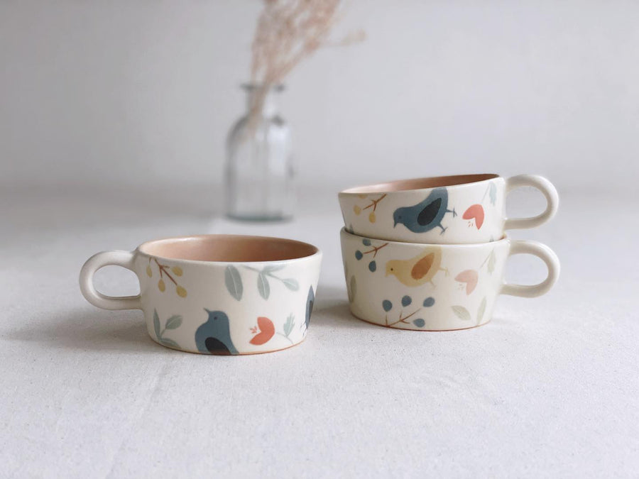 Buncho Pottery Bird and flower soup cup - Yellow