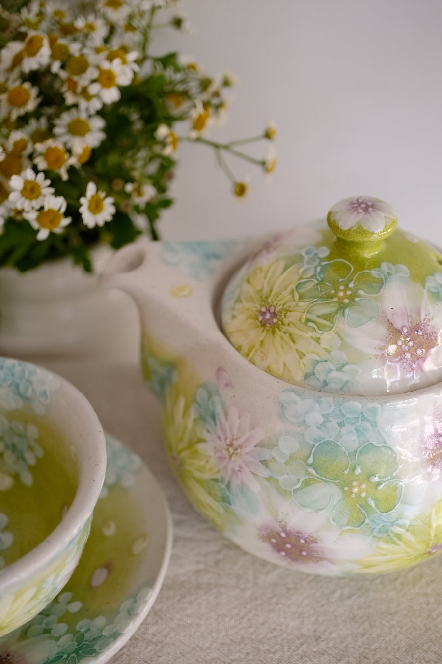 Seto Ware Flower Teapot and Tea cup with Saucer - Green