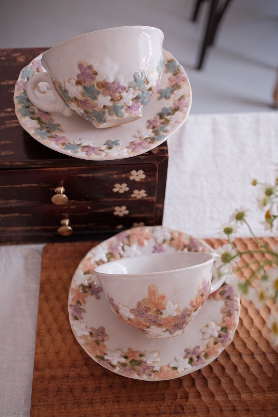 Seto-Yaki Embossed Flower Coffee Mug & Saucer Gift Set