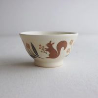 Buncho Pottery Squirrel w Tulip Rice Bowl - Red