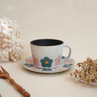 Kei Mitsumochi ミツ持啓 Pink & Lake Blue Flower Mug and Saucer KM49