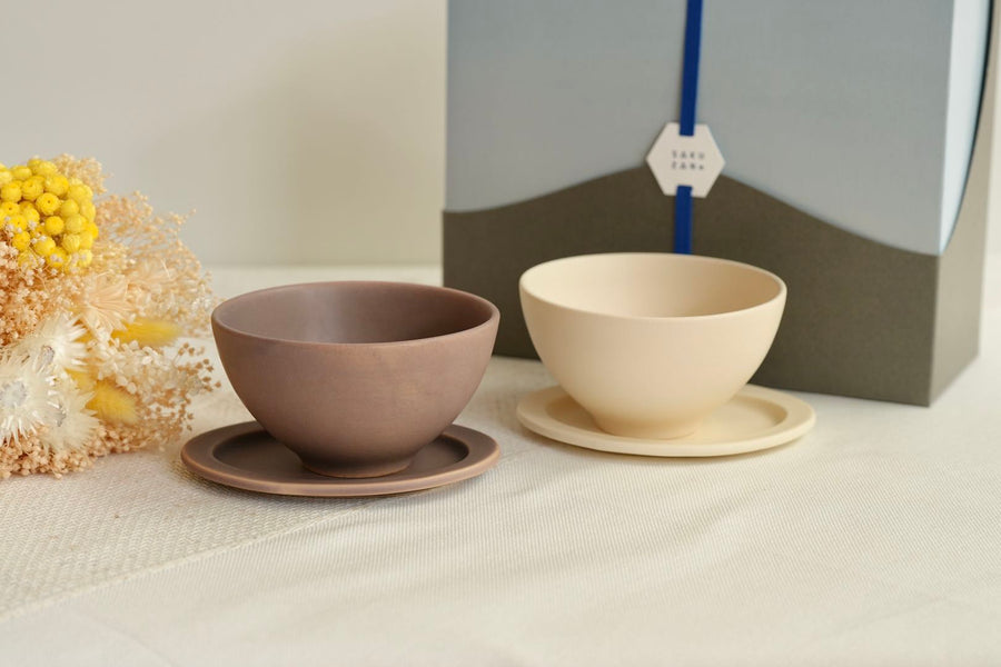 SAKUZAN Sara Gift B Set (2 Rice Bowls & 2 Small Oval Plates) - Cream x Brown