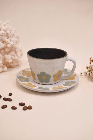 Kei Mitsumochi ミツ持啓 Green & Yellow Flower Mug and Saucer KM53