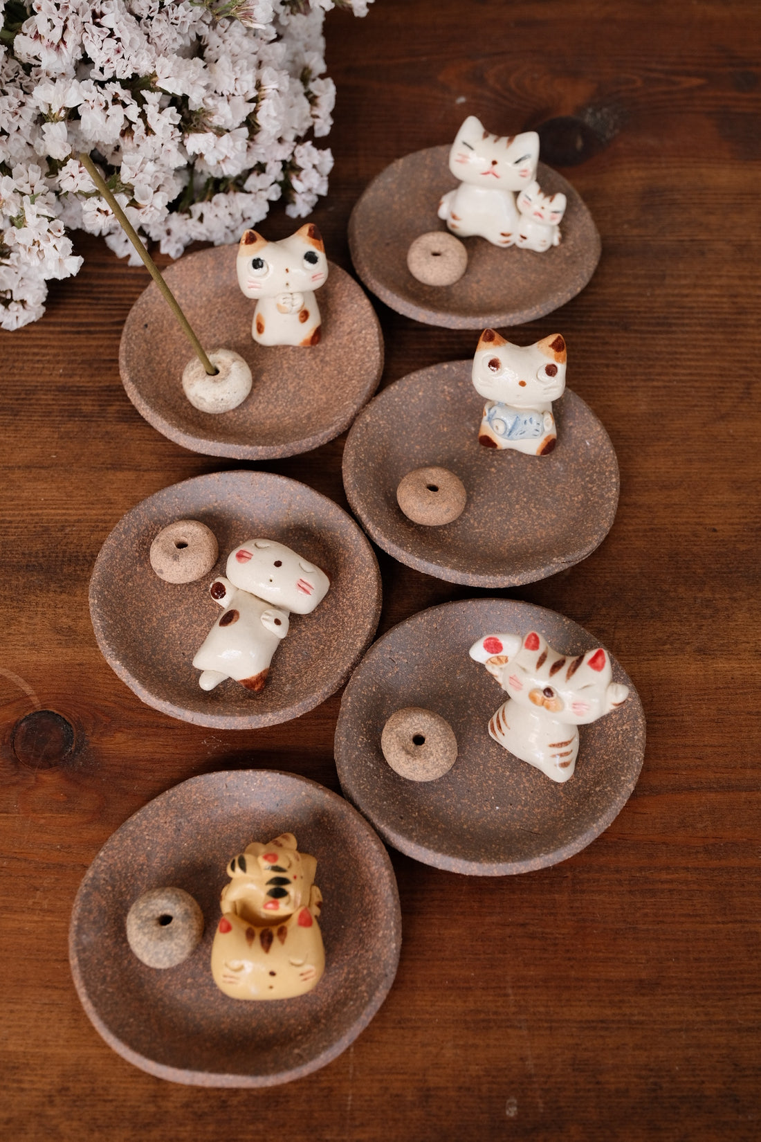 Japanese Clay Animals Incense Holder - Cat Collection