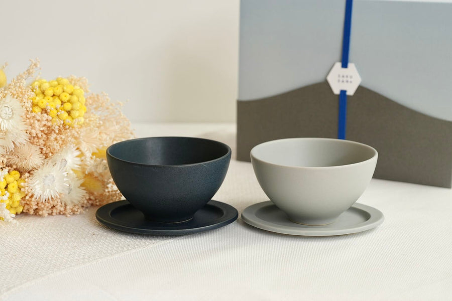 SAKUZAN Sara Gift B Set (2 Rice Bowls & 2 Small Oval Plates) - Navy x Gray