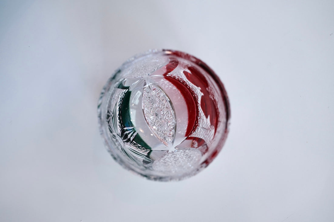 Edo Kiriko Whisky Glass Rock Glass "Buttfly with Flower" Green/Red by Junichi Nabetani, Master of traditional crafts