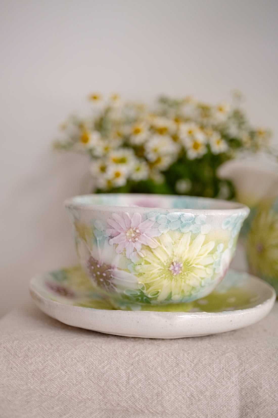 Seto Ware Flower Teapot and Tea cup with Saucer - Green