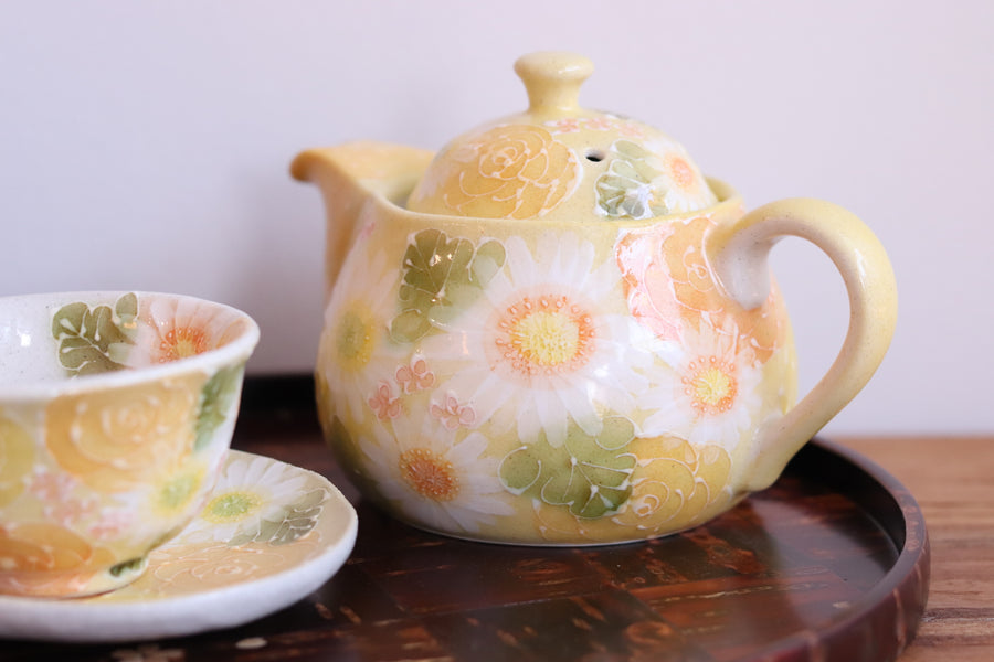 Seto Ware Flower Teapot and Tea cup with Saucer -Yellow