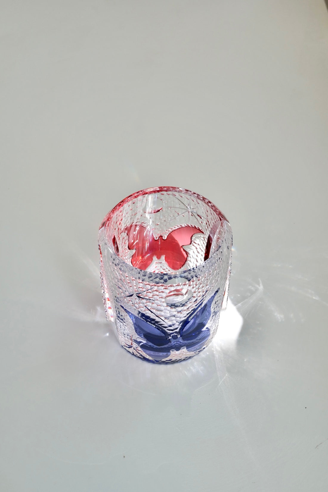 Edo Kiriko Whisky Glass Rock Glass "Butterfly" Purple/Red by Junichi Nabetani, Master of traditional crafts