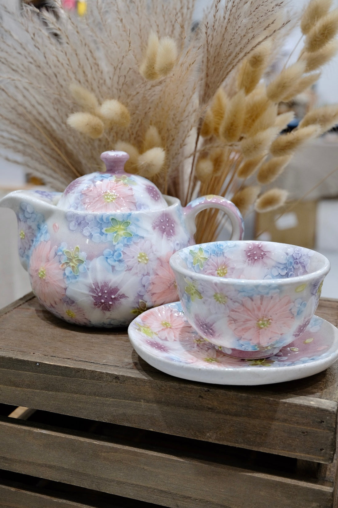 Seto Ware Flower Teapot and Tea cup with Saucer