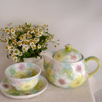 Seto Ware Flower Teapot and Tea cup with Saucer - Green