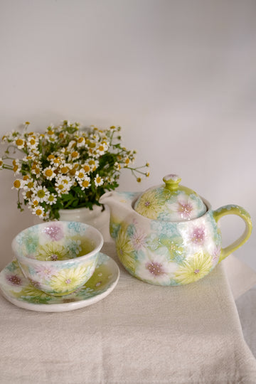 Seto Ware Flower Teapot and Tea cup with Saucer - Green