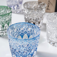 Edo Kiriko Whisky Glass Rock Glass "Large Chrysanthemum" Blue by Junichi Nabetani, Master of traditional crafts