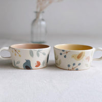 Buncho Pottery Bird and flower soup cup - Blue