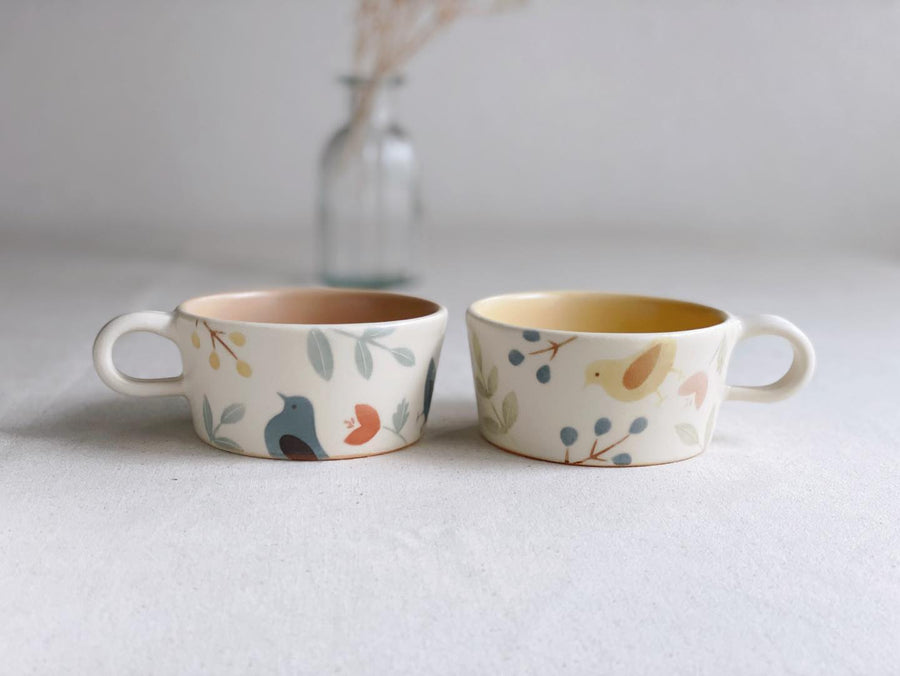 Buncho Pottery Bird and flower soup cup - Yellow