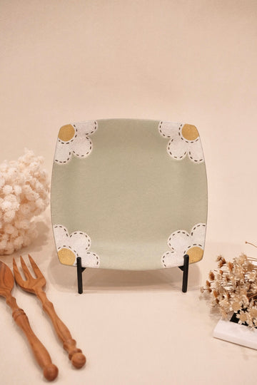 Kei Mitsumochi ミツ持啓 17cm Rectangle Plate - Green Flower KM29