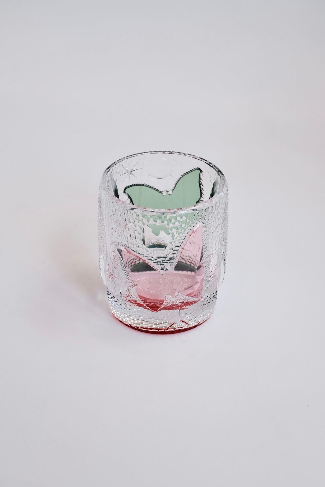 Edo Kiriko Whisky Glass Rock Glass "Butterfly" Green/Red by Junichi Nabetani, Master of traditional crafts