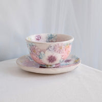 Seto Ware Flower Teapot and Tea cup with Saucer - Purple