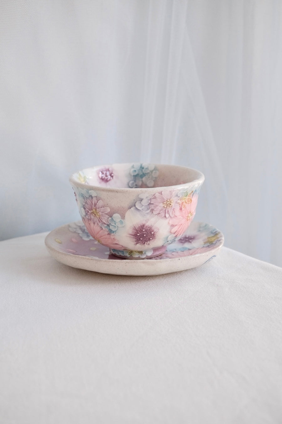 Seto Ware Flower Teapot and Tea cup with Saucer - Purple