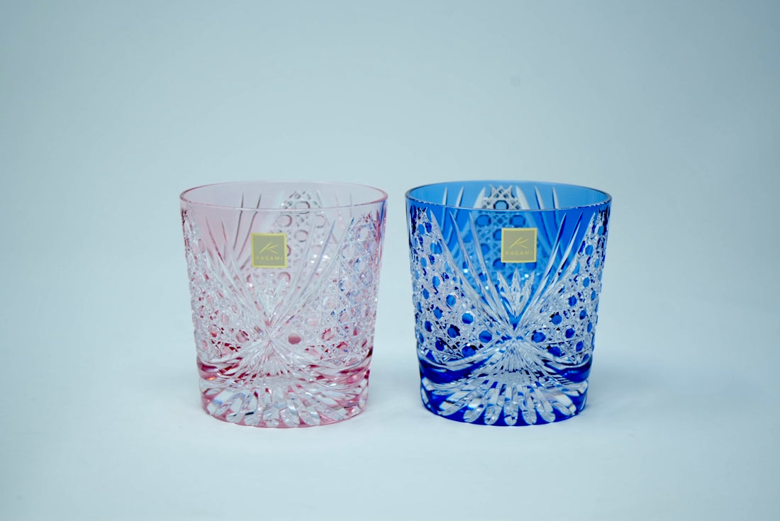 Kagami Crystal - A pair of Whisky Glasses, Edo Kiriko "Tasuki (sash)"