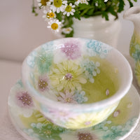 Seto Ware Flower Teapot and Tea cup with Saucer - Green