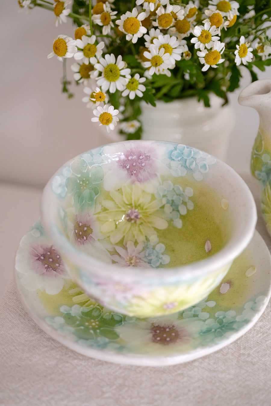 Seto Ware Flower Teapot and Tea cup with Saucer - Green