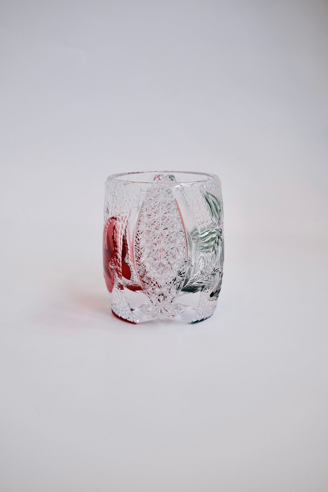 Edo Kiriko Whisky Glass Rock Glass "Buttfly with Flower" Green/Red by Junichi Nabetani, Master of traditional crafts