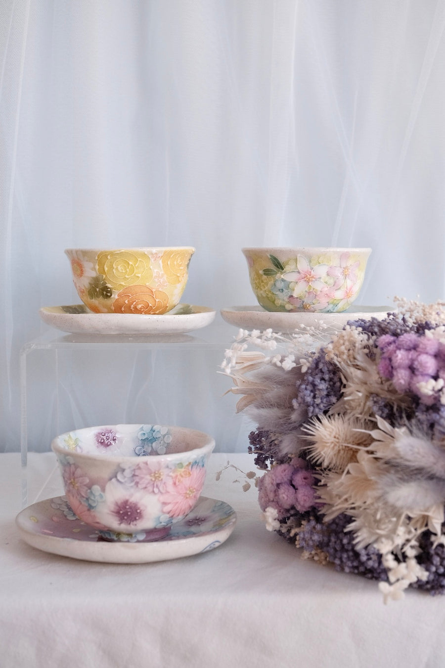 Seto Ware Flower Teapot and Tea cup with Saucer - Purple