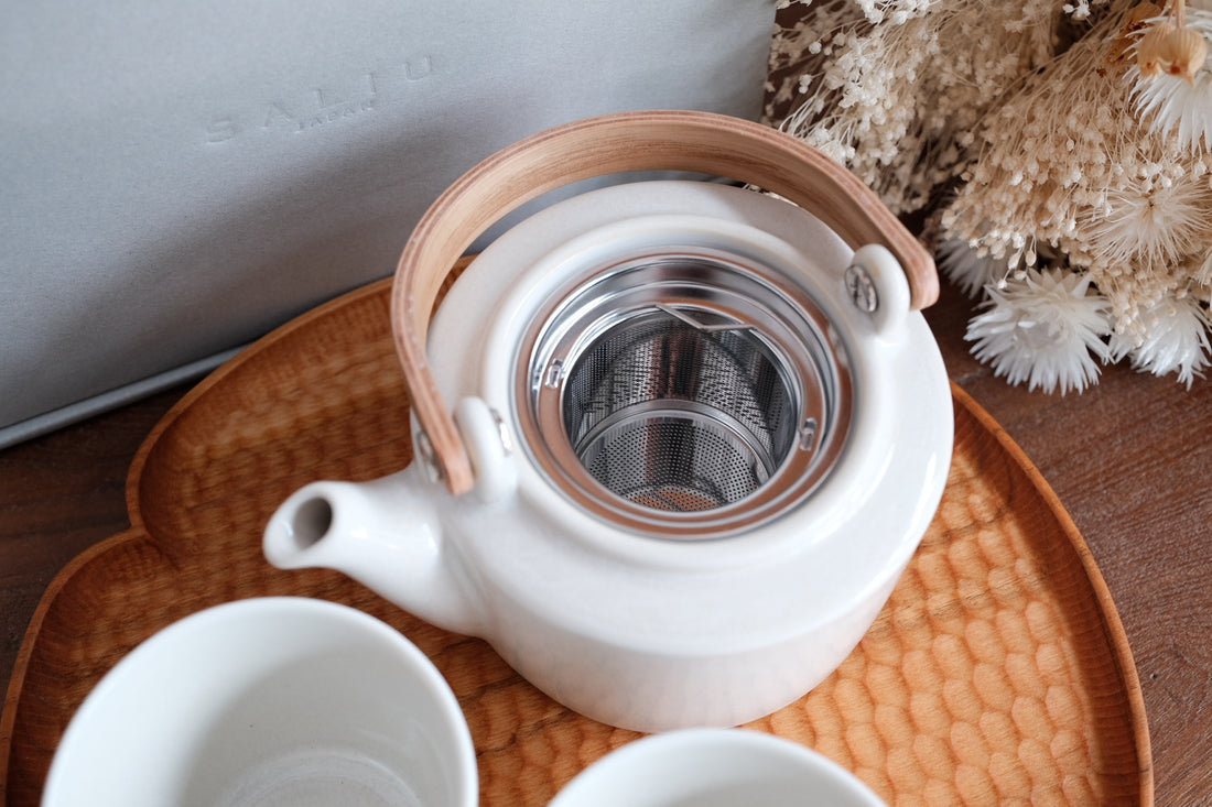SALIU SYO Teapot Set 420ml - 3 Piece Gift Set (Teapot, Tea Cup) White