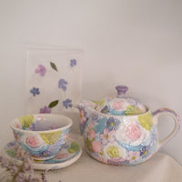 Seto Ware Flower Teapot and Tea cup with Saucer - Purple